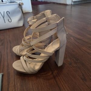 Nude Strappy Platform Block Heels Beige Tan